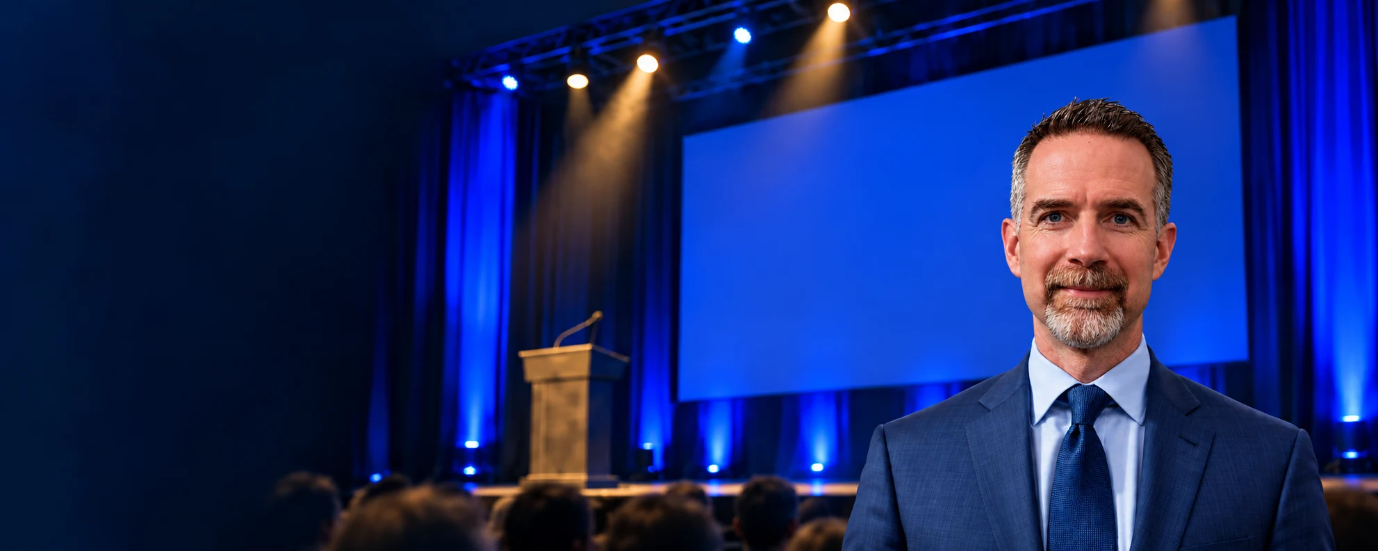 Ryan Bradford’s updated portrait composited over a blue and amber auditorium stage